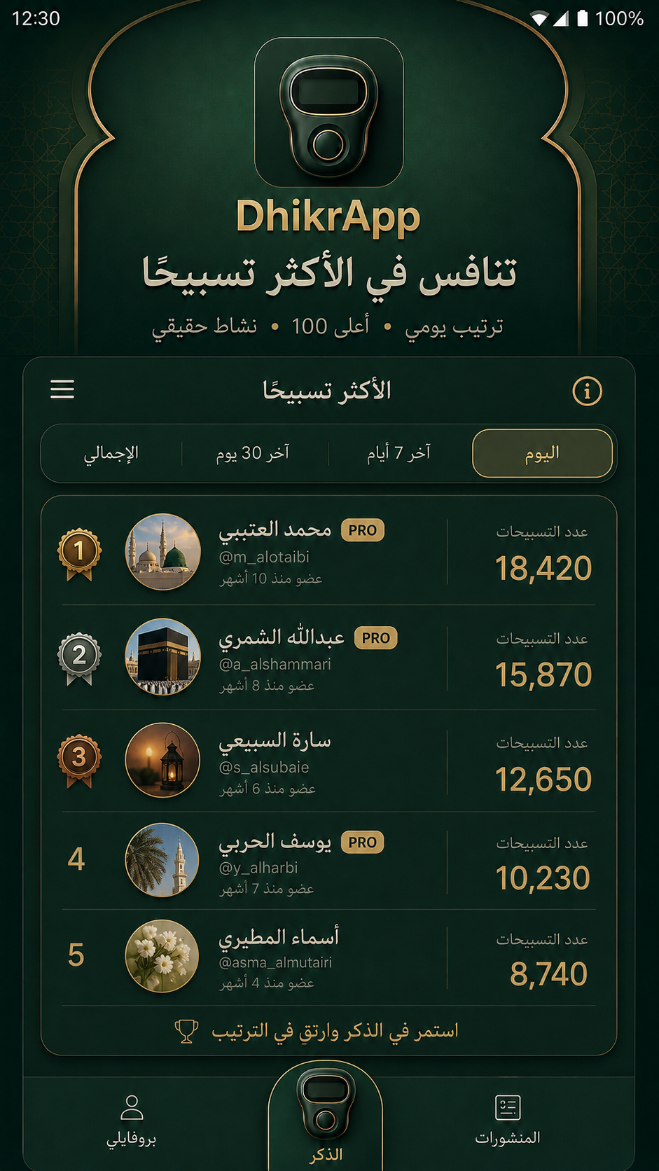 واجهة الأكثر تسبيحًا في تطبيق DhikrApp